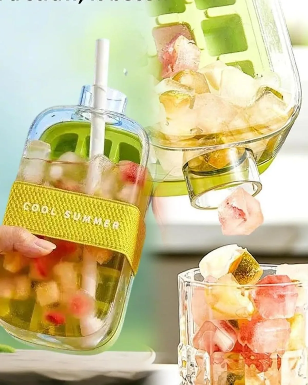 2025 New Ice Cube Bottle 500ML & 800ML – 2-in-1 Ice Tray & Water Bottle with Straw, Lid & Webbing | Leakproof, BPA-Free, Touch-Free Ice Release | For Travel, Juice & Outdoors (PINK, 800ml / 27oz)
