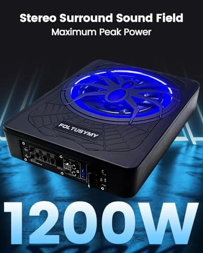 2025 Upgraded 10" 1200W Car Subwoofer, Slim Under Seat Powered Car Subwoofer, High/Low Level Input, Car/Truck Audio Sub Built-in Amplifier, with Blue LED Light
