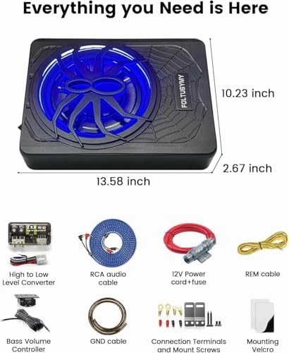 2025 Upgraded 10" 1200W Car Subwoofer, Slim Under Seat Powered Car Subwoofer, High/Low Level Input, Car/Truck Audio Sub Built-in Amplifier, with Blue LED Light