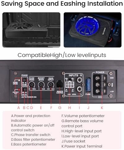 2025 Upgraded 10" 1200W Car Subwoofer, Slim Under Seat Powered Car Subwoofer, High/Low Level Input, Car/Truck Audio Sub Built-in Amplifier, with Blue LED Light