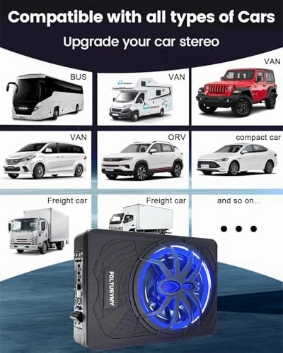 2025 Upgraded 10" 1200W Car Subwoofer, Slim Under Seat Powered Car Subwoofer, High/Low Level Input, Car/Truck Audio Sub Built-in Amplifier, with Blue LED Light