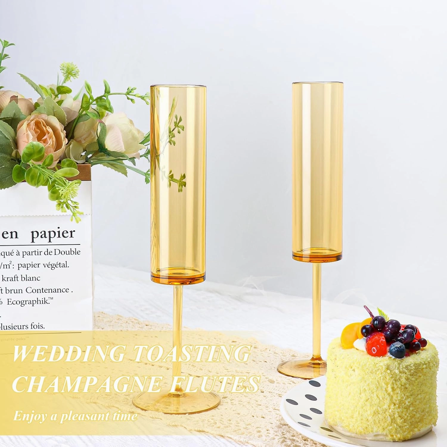 24 PCS Amber Glass Champagne Flutes 5.4 Oz Long Stem Champagne Flutes Plastic Acrylic Champagne Glasses Colored Sparkling Wine Glasses Reusable For Luxury Party Wedding Bar