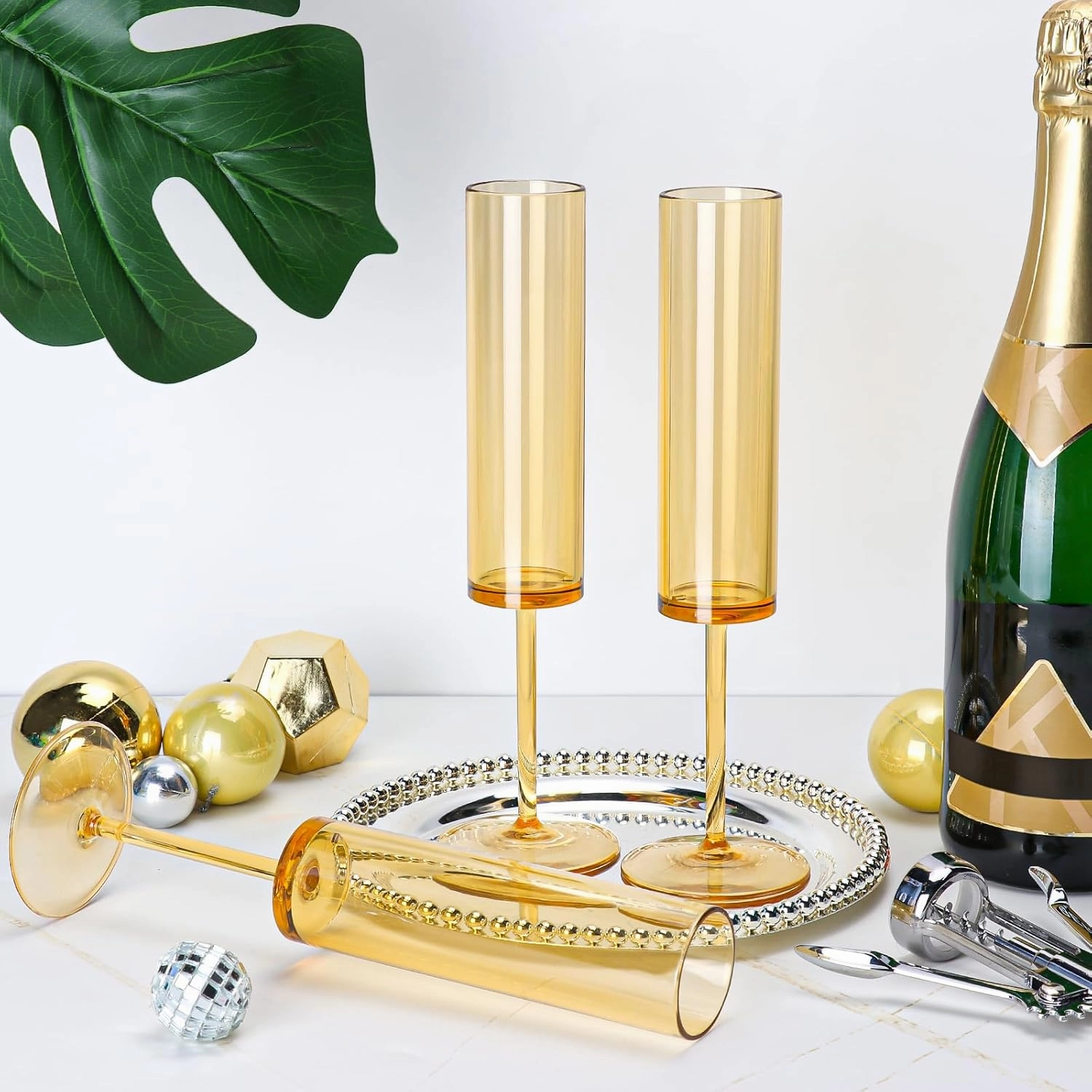 24 PCS Amber Glass Champagne Flutes 5.4 Oz Long Stem Champagne Flutes Plastic Acrylic Champagne Glasses Colored Sparkling Wine Glasses Reusable For Luxury Party Wedding Bar