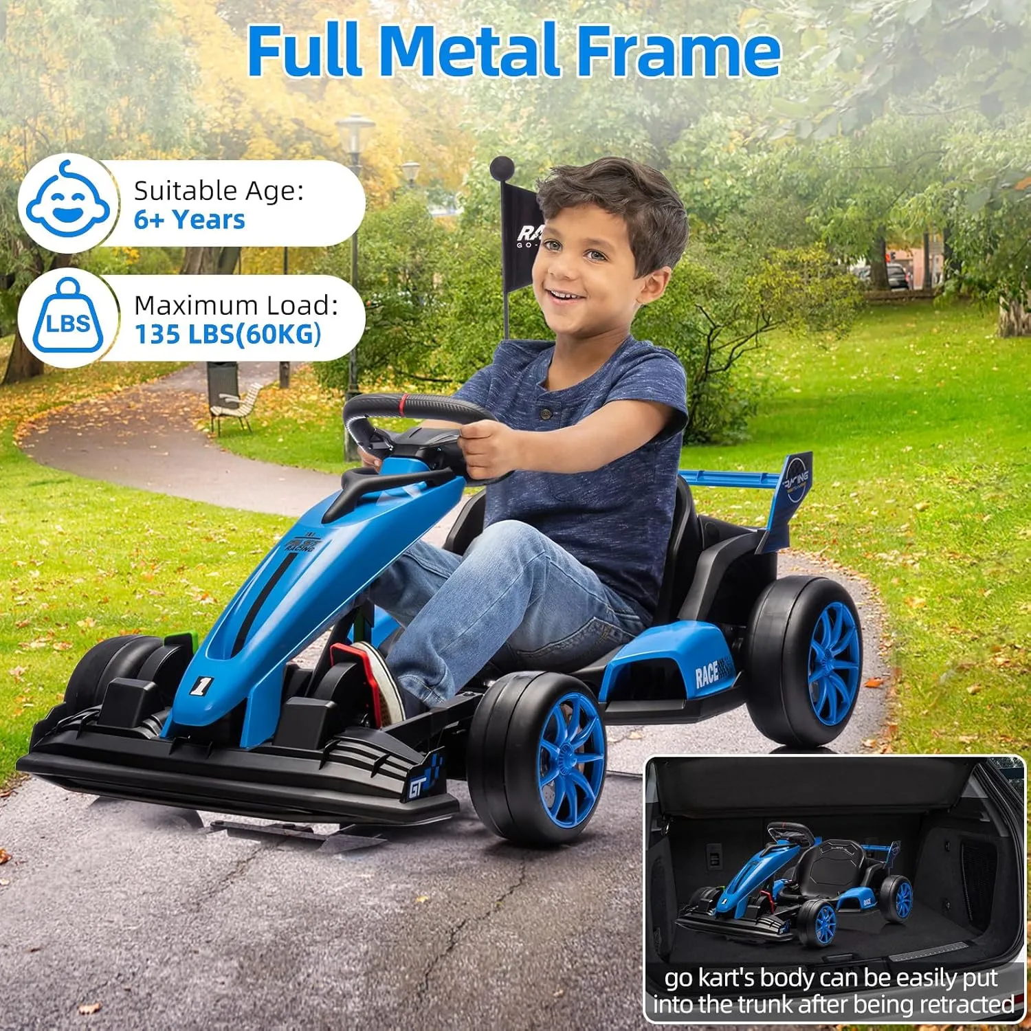 24V Kids Ride on Go Kart, 7.5mph Variable High Speed Drifting Car, 7ah Battery 200W*2 Motors,Length Ajustable Max Load 135lbs, Power Display Racing Toy for for Kids Child 6 ,Blue