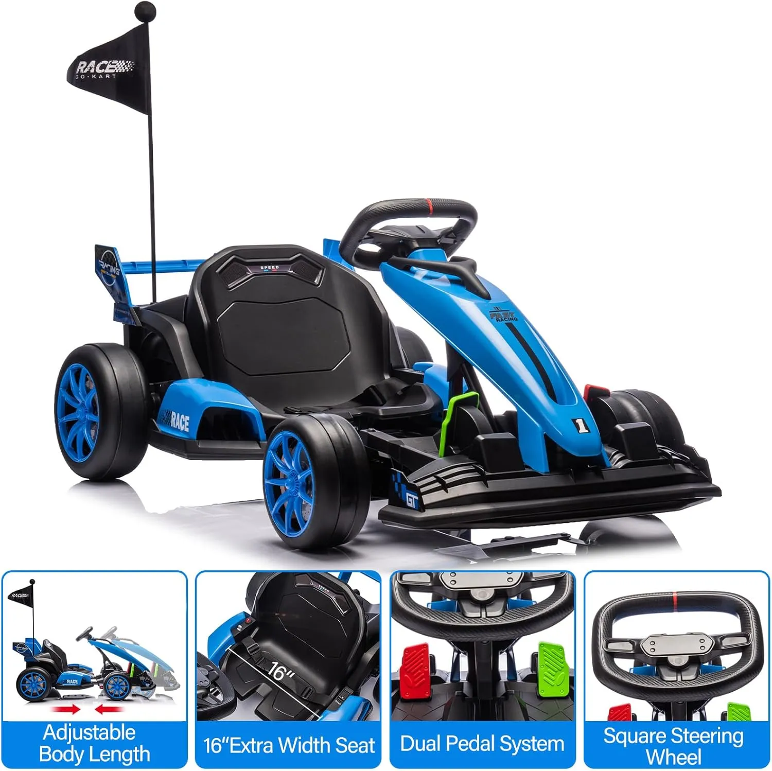 24V Kids Ride on Go Kart, 7.5mph Variable High Speed Drifting Car, 7ah Battery 200W*2 Motors,Length Ajustable Max Load 135lbs, Power Display Racing Toy for for Kids Child 6 ,Blue