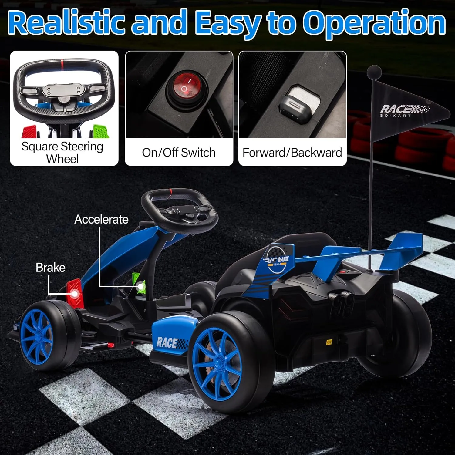 24V Kids Ride on Go Kart, 7.5mph Variable High Speed Drifting Car, 7ah Battery 200W*2 Motors,Length Ajustable Max Load 135lbs, Power Display Racing Toy for for Kids Child 6 ,Blue