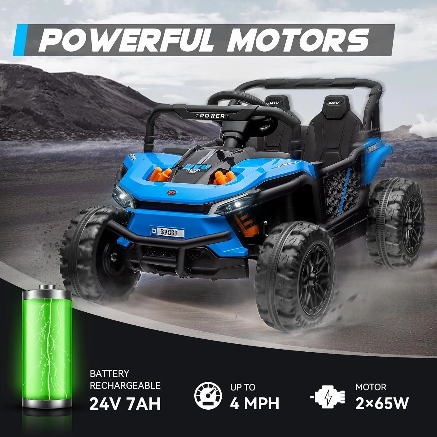 24V 5AH Ride on Car with Remote for Kids, Power Wheels Operated UTV Car Toy, 4WD 4mph Side by Side Electric Vehicle with 4 Spring Suspension, 2 Speed, LED Lights, AUX Port, MP3 Player for 3-8, Blue