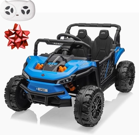24V 5AH Ride on Car with Remote for Kids, Power Wheels Operated UTV Car Toy, 4WD 4mph Side by Side Electric Vehicle with 4 Spring Suspension, 2 Speed, LED Lights, AUX Port, MP3 Player for 3-8, Blue