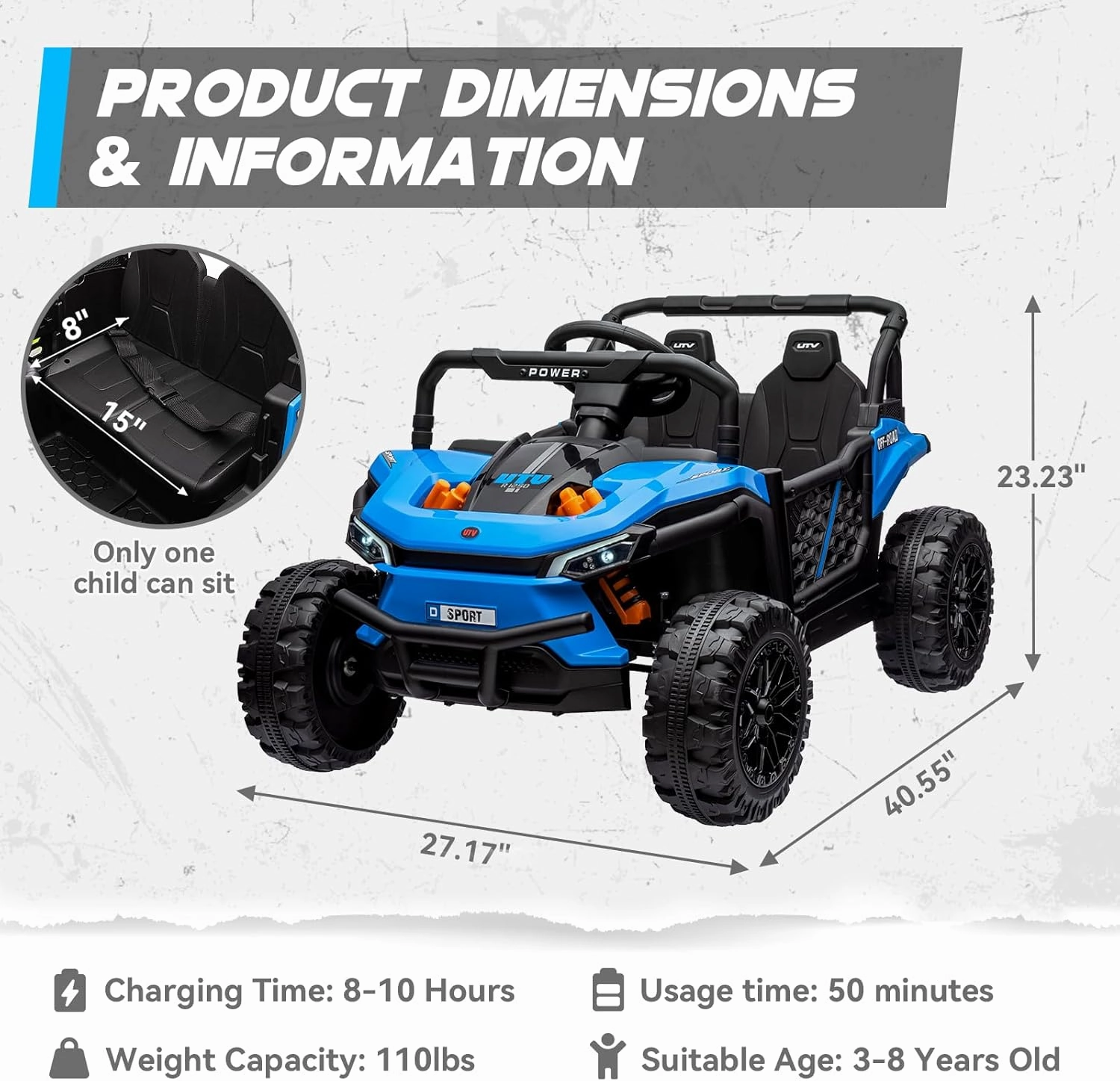 24V 5AH Ride on Car with Remote for Kids, Power Wheels Operated UTV Car Toy, 4WD 4mph Side by Side Electric Vehicle with 4 Spring Suspension, 2 Speed, LED Lights, AUX Port, MP3 Player for 3-8, Blue
