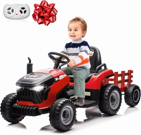 24V Ride On Toys Car for Kids, Electric Ride on Tractor w/2x200W Motors, Tiltable & Detachable Trailer, Adjustable Seat, Bluetooth, Music, Remote Control Tractor Toys for Kids, Red