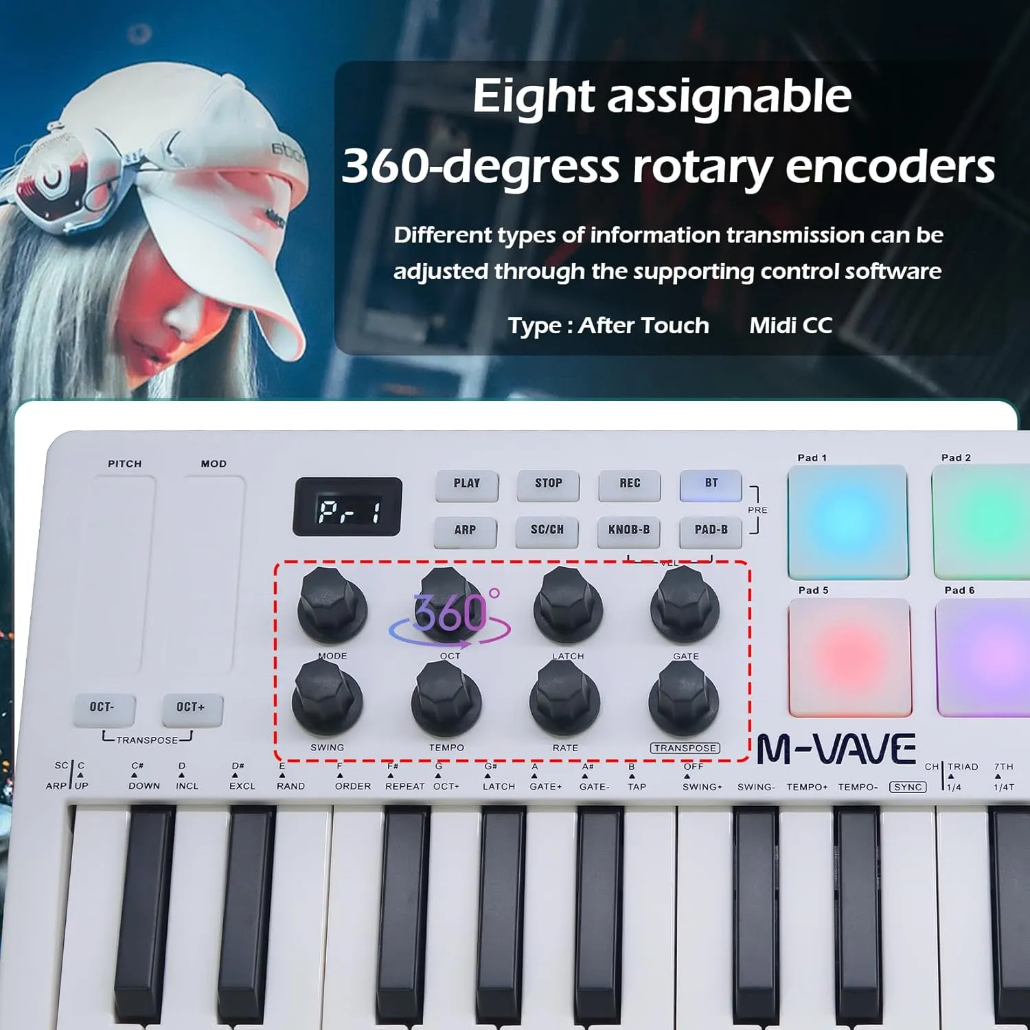 25 Keys 8 Backlit Drum Pads MIDI Keyboard – Professional Beat Maker and Keytar for Keyboard Music Production Builtin Battery Wireless Connect White