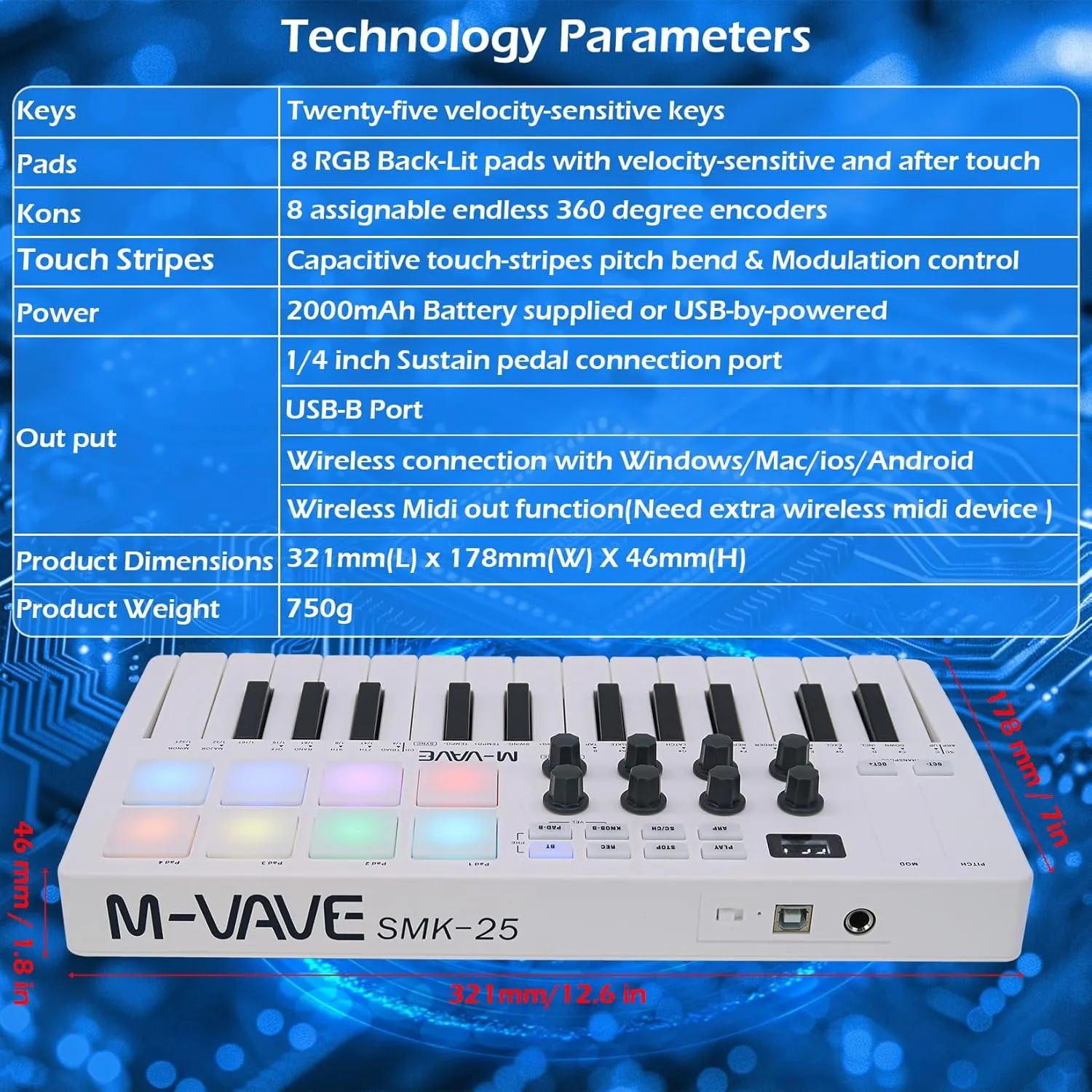 25 Keys 8 Backlit Drum Pads MIDI Keyboard – Professional Beat Maker and Keytar for Keyboard Music Production Builtin Battery Wireless Connect White