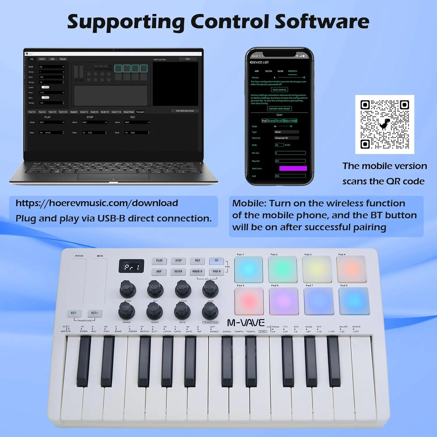 25 Keys 8 Backlit Drum Pads MIDI Keyboard – Professional Beat Maker and Keytar for Keyboard Music Production Builtin Battery Wireless Connect White