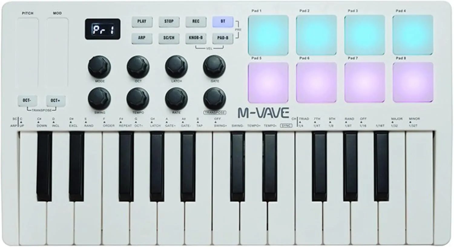 25 Keys 8 Backlit Drum Pads MIDI Keyboard – Professional Beat Maker and Keytar for Keyboard Music Production Builtin Battery Wireless Connect White