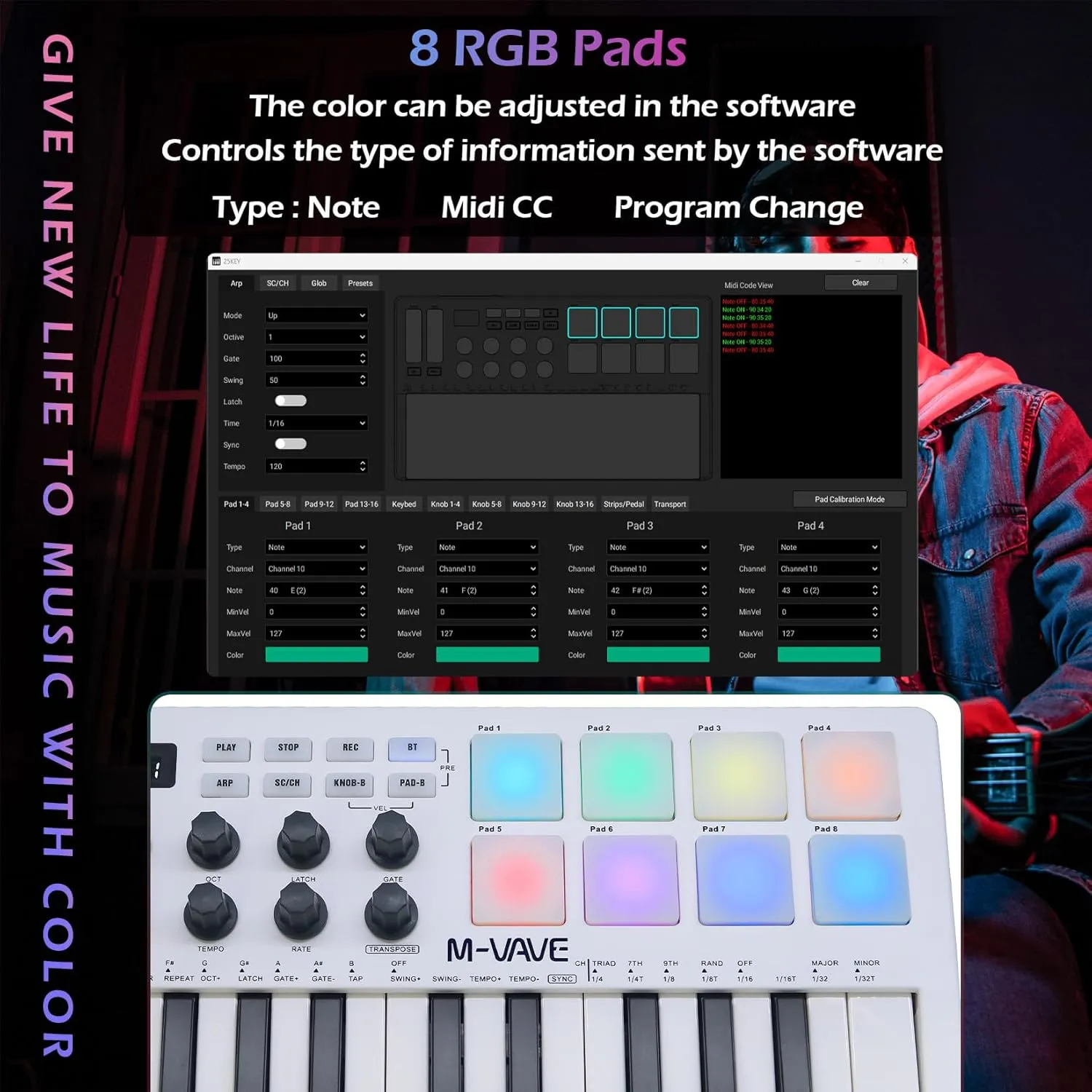 25 Keys 8 Backlit Drum Pads MIDI Keyboard – Professional Beat Maker and Keytar for Keyboard Music Production Builtin Battery Wireless Connect White