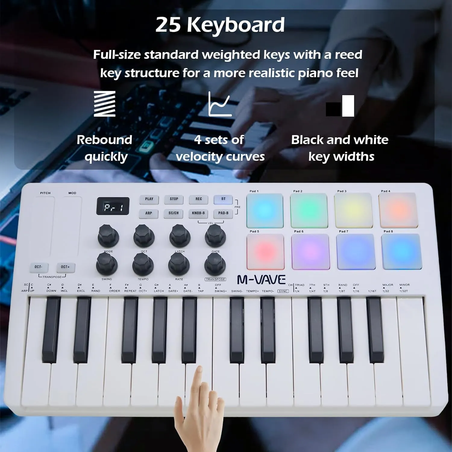 25 Keys 8 Backlit Drum Pads MIDI Keyboard – Professional Beat Maker and Keytar for Keyboard Music Production Builtin Battery Wireless Connect White