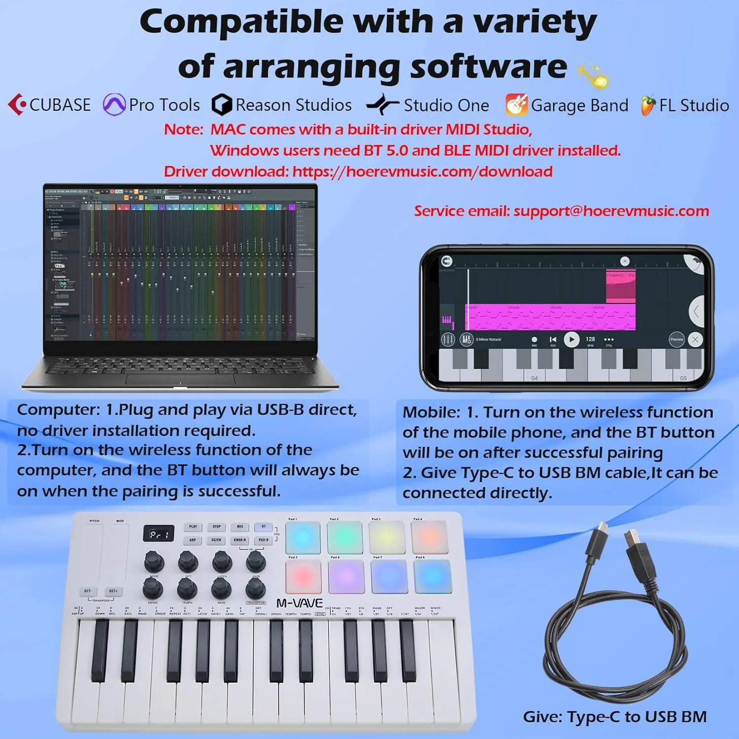 25 Keys 8 Backlit Drum Pads MIDI Keyboard – Professional Beat Maker and Keytar for Keyboard Music Production Builtin Battery Wireless Connect White