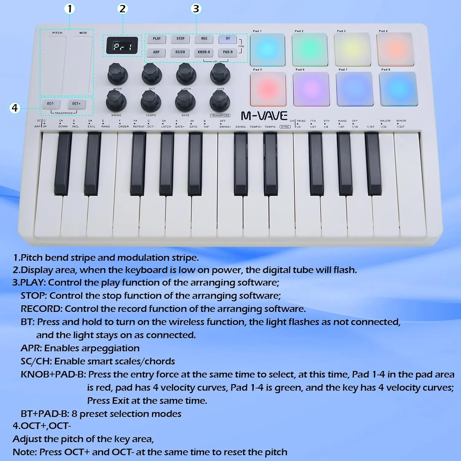 25 Keys 8 Backlit Drum Pads MIDI Keyboard – Professional Beat Maker and Keytar for Keyboard Music Production Builtin Battery Wireless Connect White