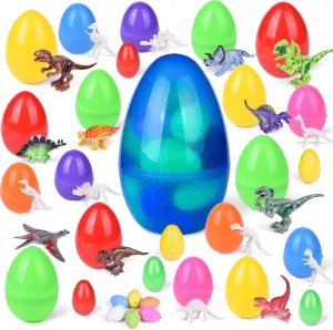 25 PCs Prefilled Easter Eggs Filled with Building Block Dinosaur Toys for Easter Basket Stuffers, Kids Easter Theme Party Favors, Easter Eggs Hunt and Classroom Prize Supplies