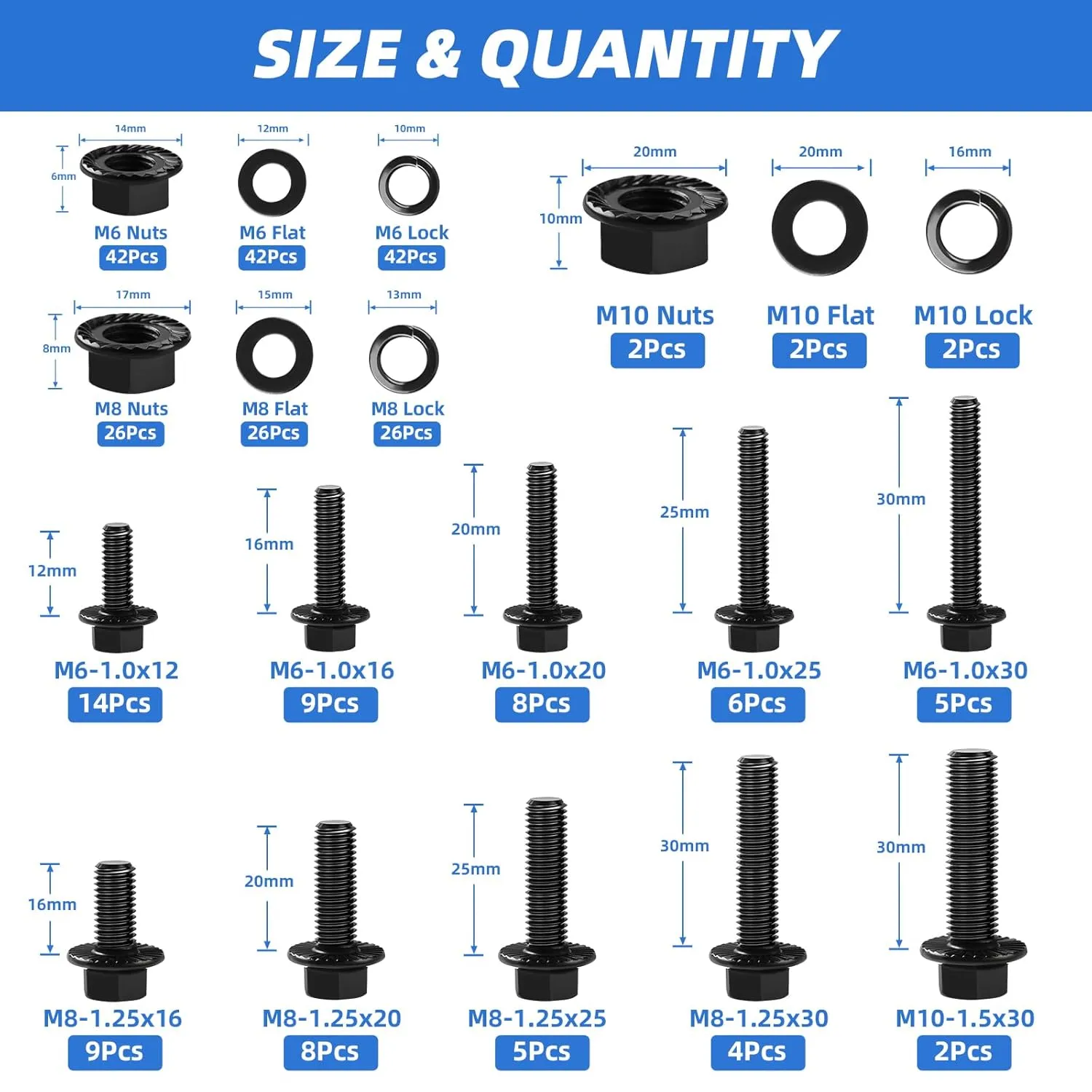 280Pcs Metric Flange Bolt Assortment, M6x1.0, M8x1.25, M10x1.5 (12mm to 30mm) Assorted Hex Bolts and Nuts Washers Kit for Automotive, 10.9 Black Zinc Galvanized