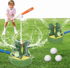 2-in-1 Dinosaur Baseball Sprinkler for Kids, Outdoor Water Sprinkler Toy with 4 Balls, Summer Water Toys for Toddlers, Fun Yard Sprinklers for Kids, Attachable Garden Hose, Summer Water Toys