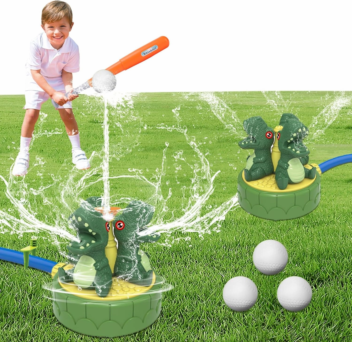 2-in-1 Dinosaur Baseball Sprinkler for Kids, Outdoor Water Sprinkler Toy with 4 Balls, Summer Water Toys for Toddlers, Fun Yard Sprinklers for Kids, Attachable Garden Hose, Summer Water Toys