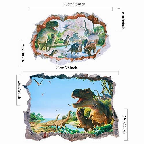 2 Sheets 3D Dinosaur Wall Decals Dinosaur Forest Wall Stickers Self Adhesive 3D Smashed Wall Arts Removable Wall Mural Decals for Kids Nursery Bedroom Living Room (Flying and Jumping Dinosaurs)