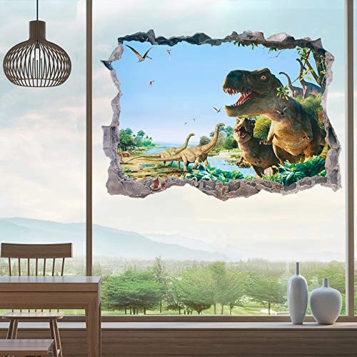 2 Sheets 3D Dinosaur Wall Decals Dinosaur Forest Wall Stickers Self Adhesive 3D Smashed Wall Arts Removable Wall Mural Decals for Kids Nursery Bedroom Living Room (Flying and Jumping Dinosaurs)