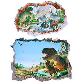 2 Sheets 3D Dinosaur Wall Decals Dinosaur Forest Wall Stickers Self Adhesive 3D Smashed Wall Arts Removable Wall Mural Decals for Kids Nursery Bedroom Living Room (Flying and Jumping Dinosaurs)