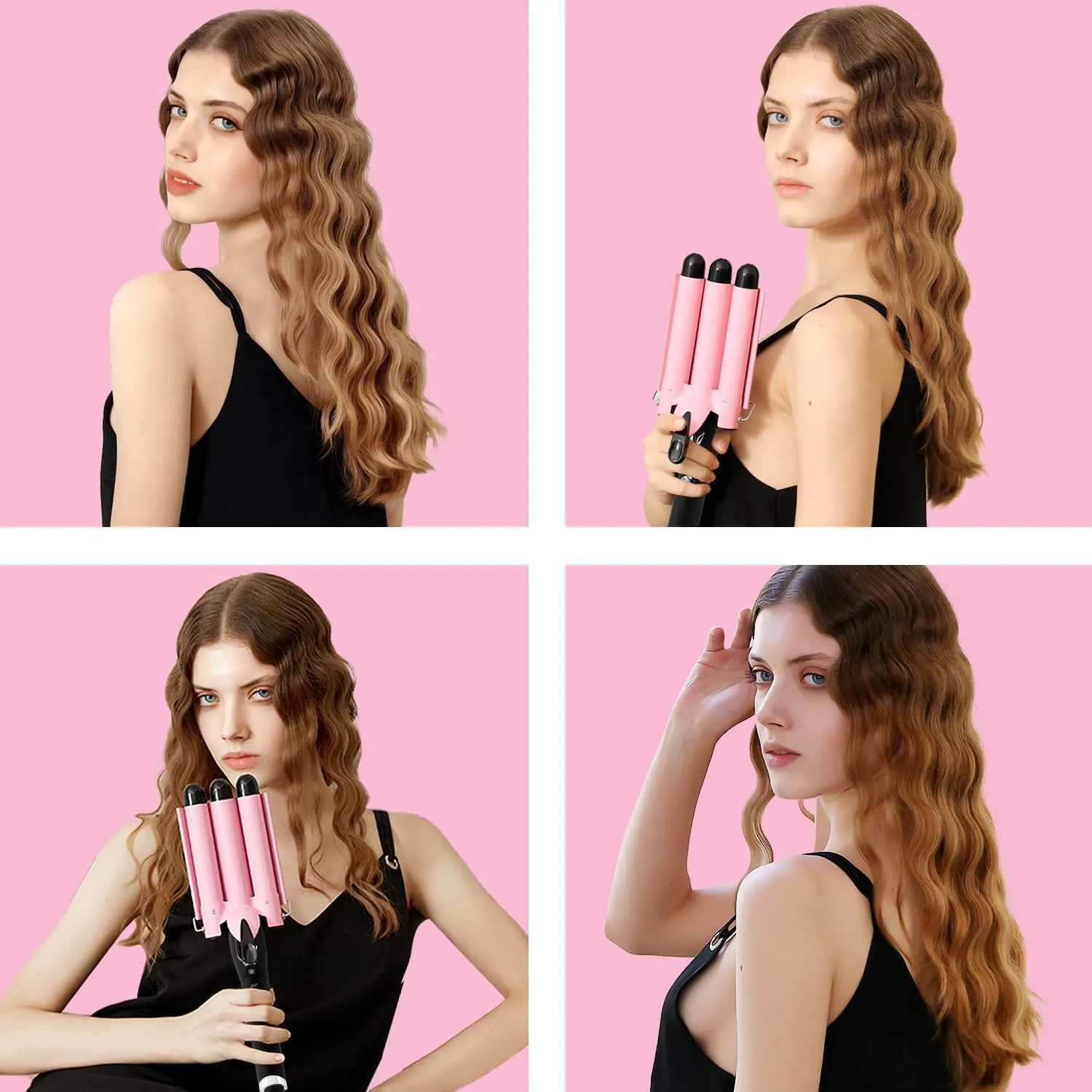 3 Barrel Curling Iron Hair Crimper: Aleath Dual Voltage Adjustable Temperature Three Barrels Hair Waver - Ceramic 1 inch Curler Wand