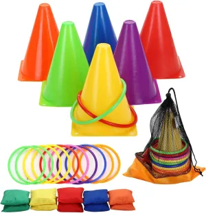 3 in 1 Carnival Outdoor,Combo Games Set,Soft Plastic Cones,Cornhole Bean Bags,Ring Toss Game,Kids Birthday Party Outdoor Games Supplies 26 Piece Set