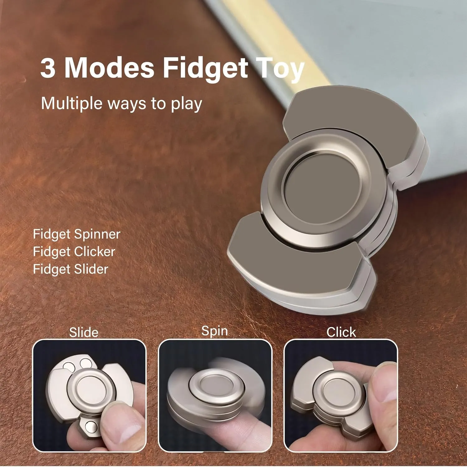 3 in 1 Fidget Toys for Adults, Metal Fidget Spinner Slider Haptic Slide Clicker, Cool Fidget Spinner Desk Toys for Anxiety Relieve Stress, Zinc Alloy, Silver
