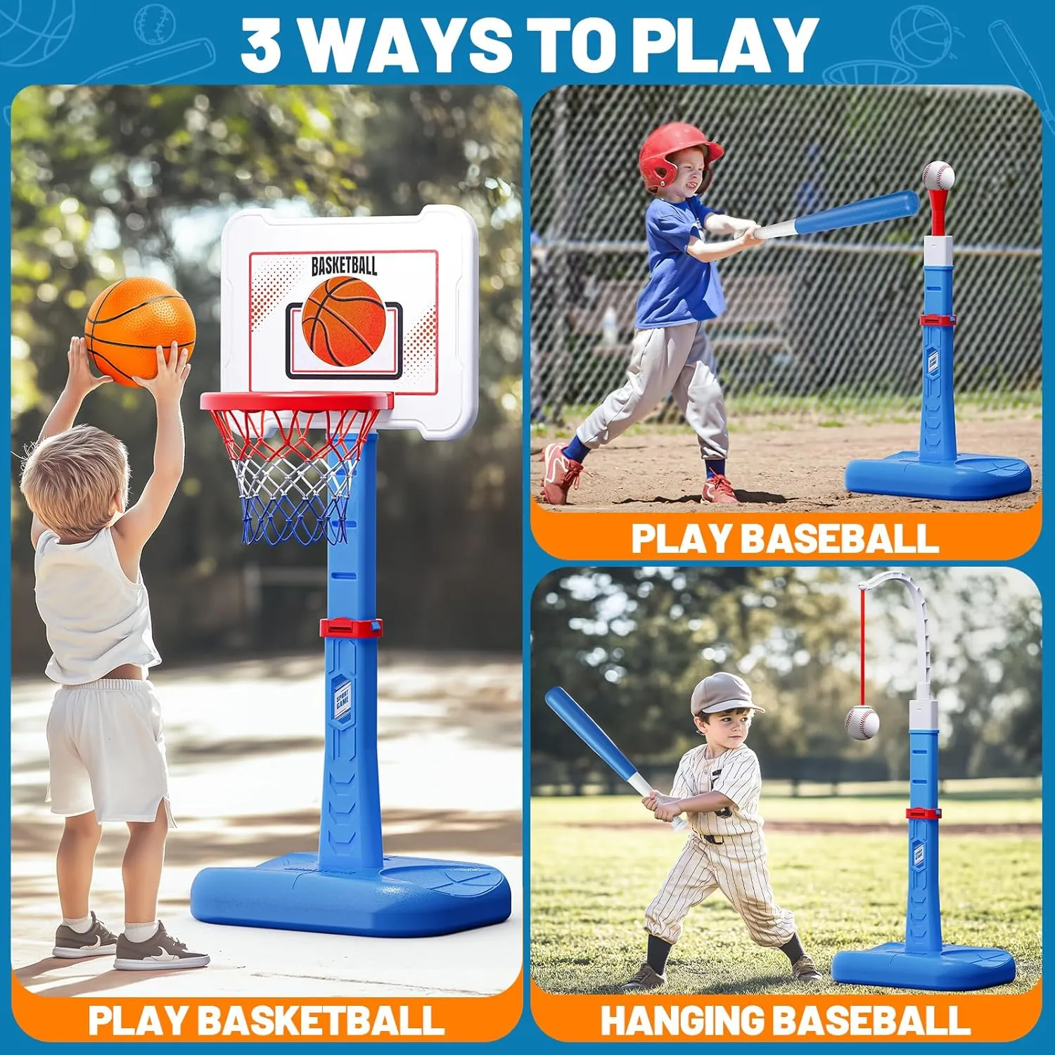 3 in 1 Kids Basketball Hoop and T Ball Set, Adjustable Height Toddler Basketball Hoop, Hanging Tee Baseball, Indoor Outdoor Sports Toys Gifts for Toddlers Boys Girls Ages 3 4 5 Year（Blue