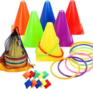 3 in 1 Plastic Cones Ring Toss Game for Kids Cornhole Bean Bags Yard Game Set ，Kids Indoor&Outdoor Game Set（26 Pieces）