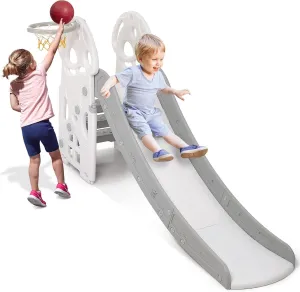 3 in 1 Toddler Slide for Toddlers Age 1-3, 63-Inch Ramp Indoor Baby Slide with Basketball Hoop and Ball for Playground （Grey）