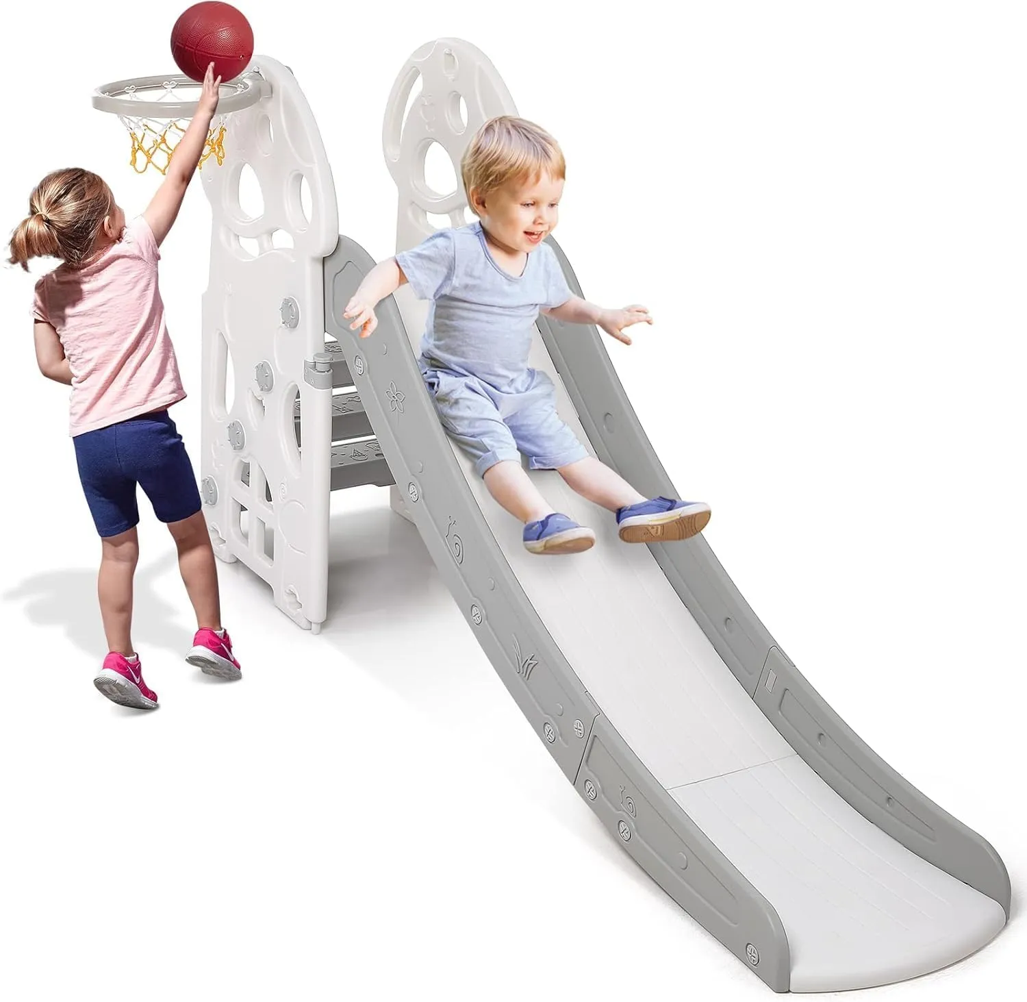 3 in 1 Toddler Slide for Toddlers Age 1-3, 63-Inch Ramp Indoor Baby Slide with Basketball Hoop and Ball for Playground （Grey）