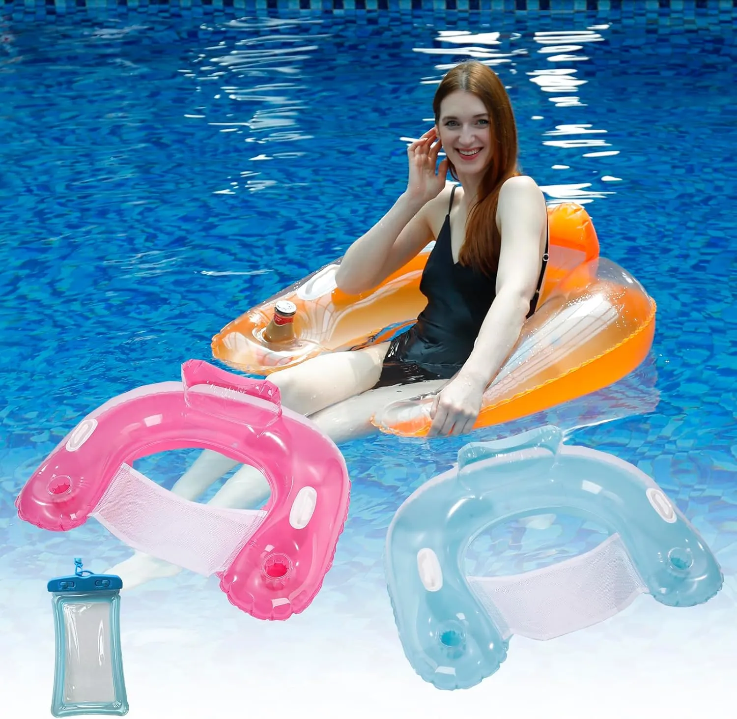3-Pack Transparent U-Shape Pool Floats for Adults - Swimming Rings w/ 2 Cup Holders, Backrest & Handles, PVC Beach/Pool Floaties in Pink, Blue & Orange