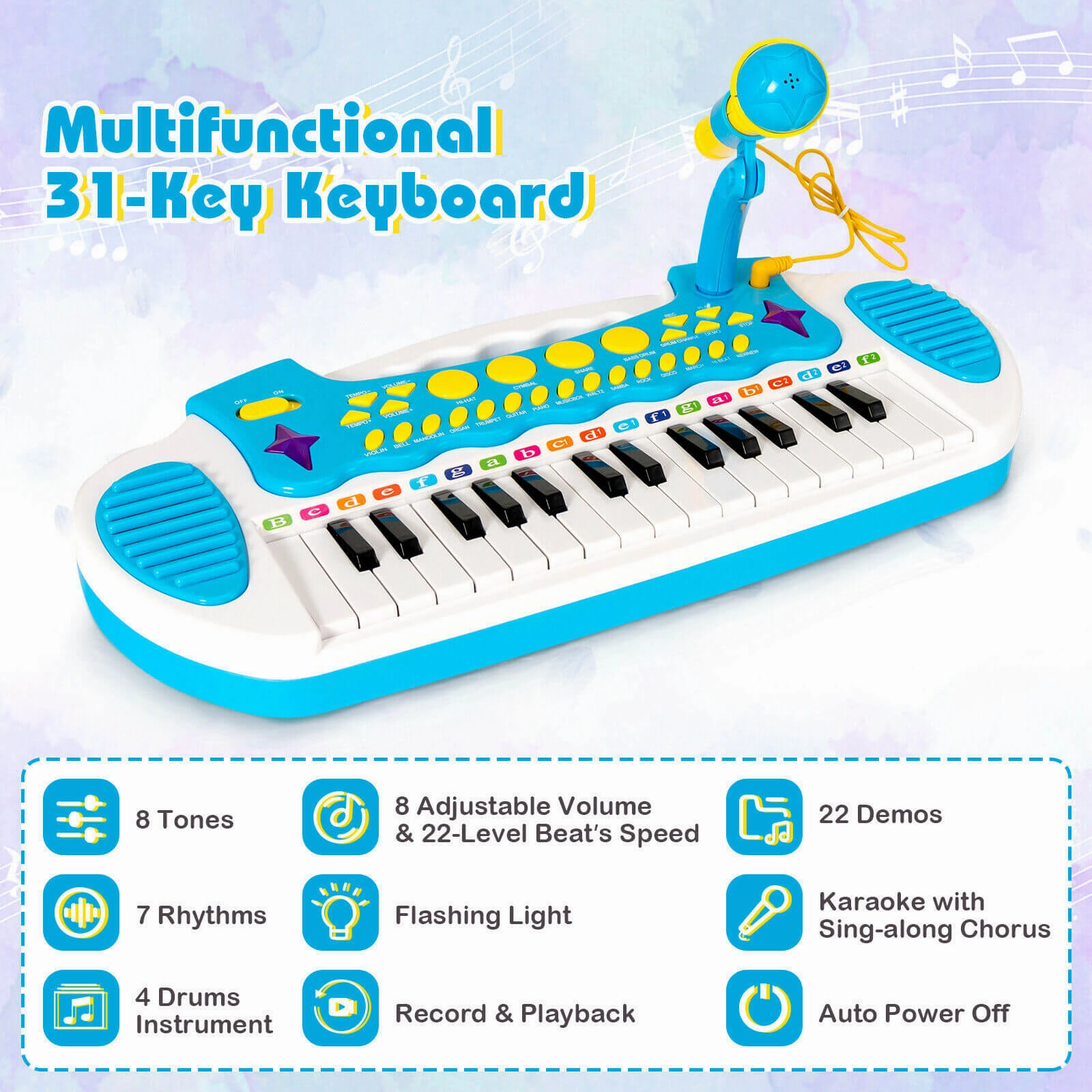 31-Key Kids Piano Keyboard Toy with Microphone and Multiple Sounds for Age 3 -Blue