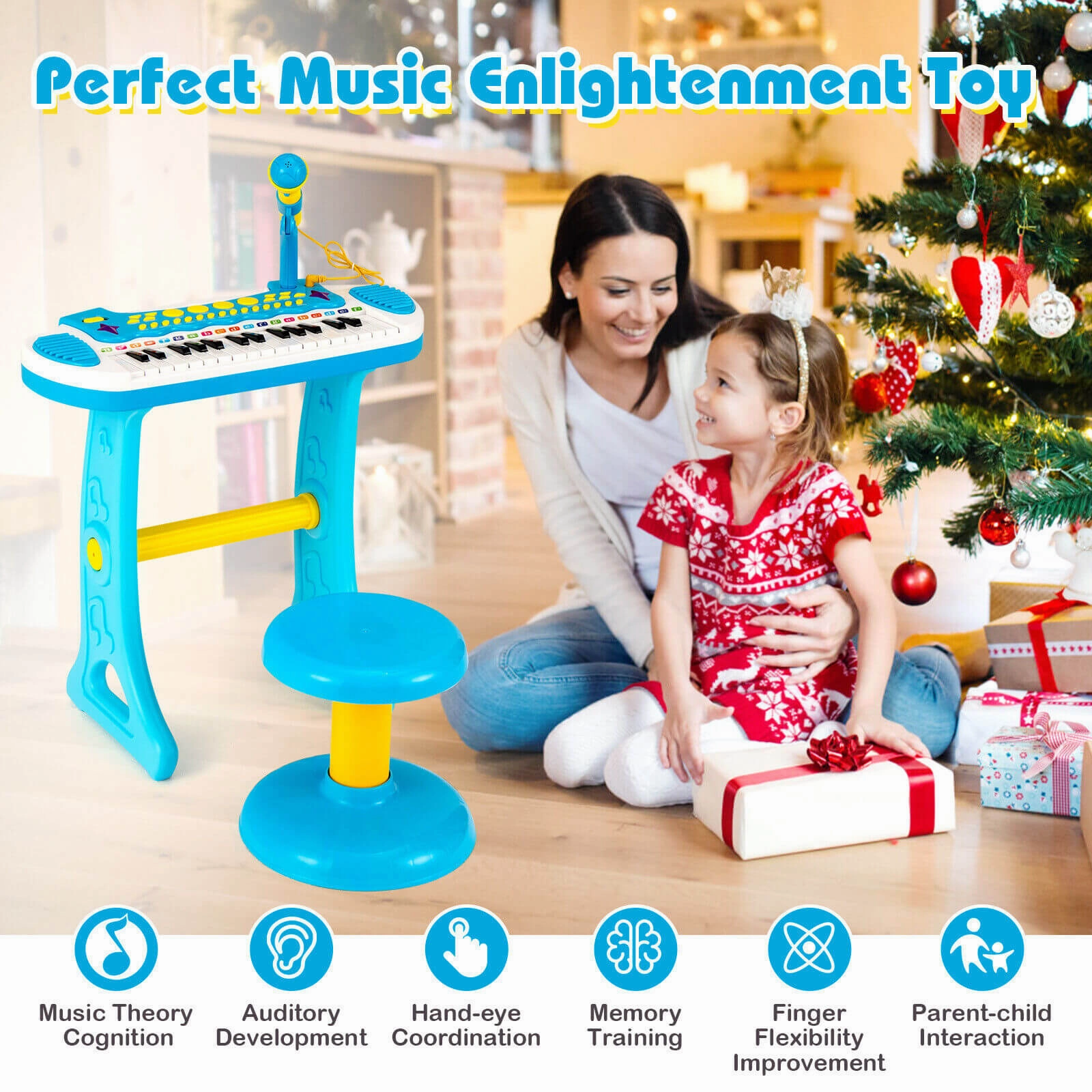 31-Key Kids Piano Keyboard Toy with Microphone and Multiple Sounds for Age 3 -Blue