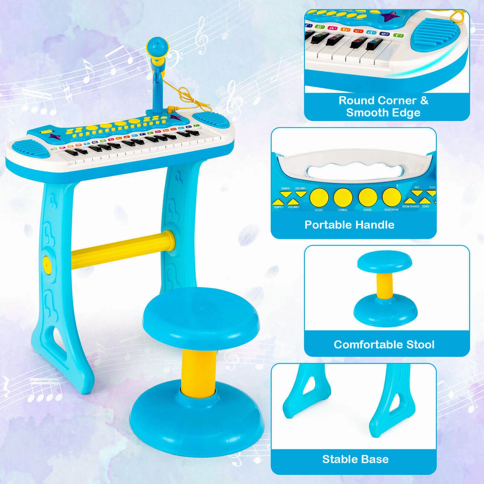 31-Key Kids Piano Keyboard Toy with Microphone and Multiple Sounds for Age 3 -Blue