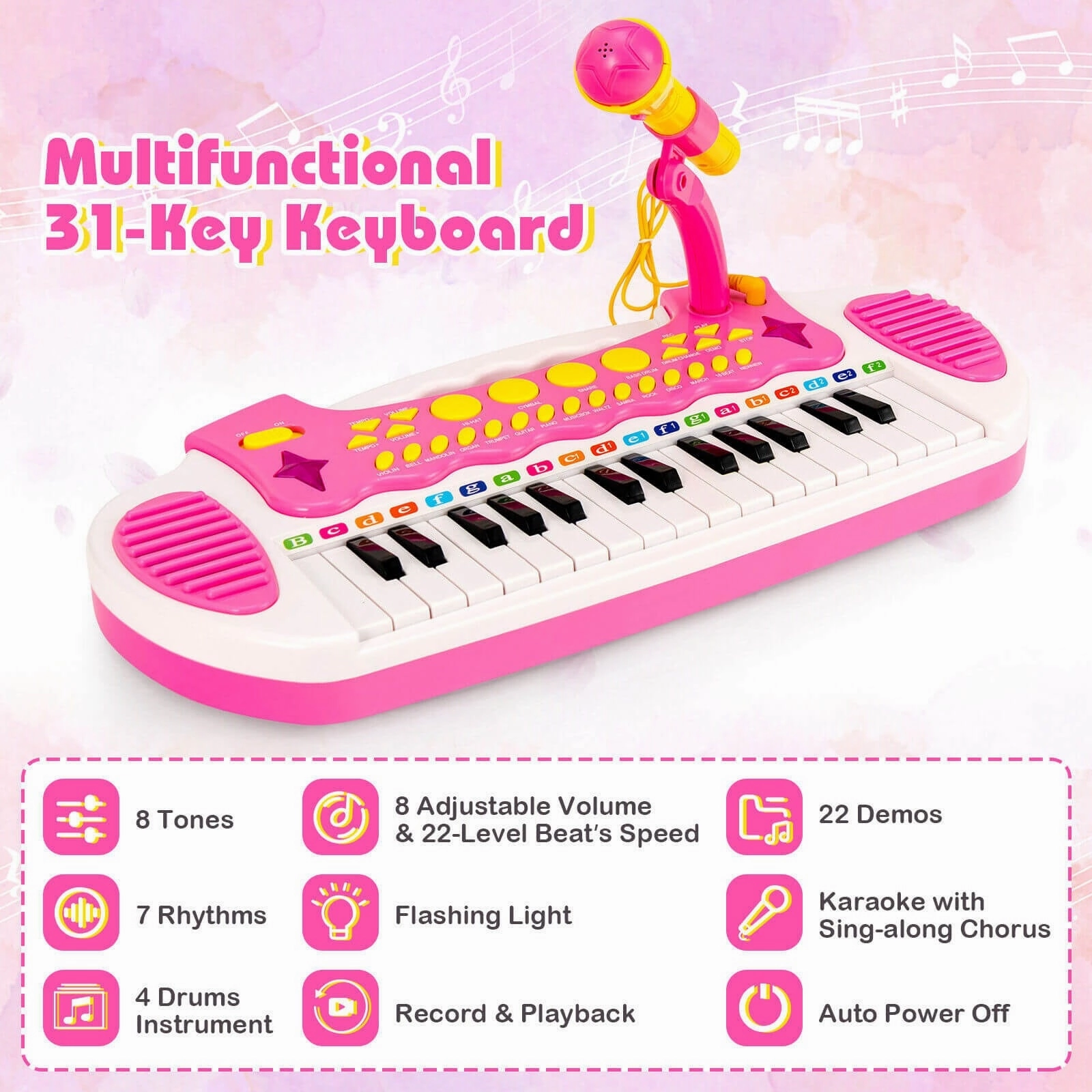 31-Key Kids Piano Keyboard Toy with Microphone and Multiple Sounds for Age 3 -Pink