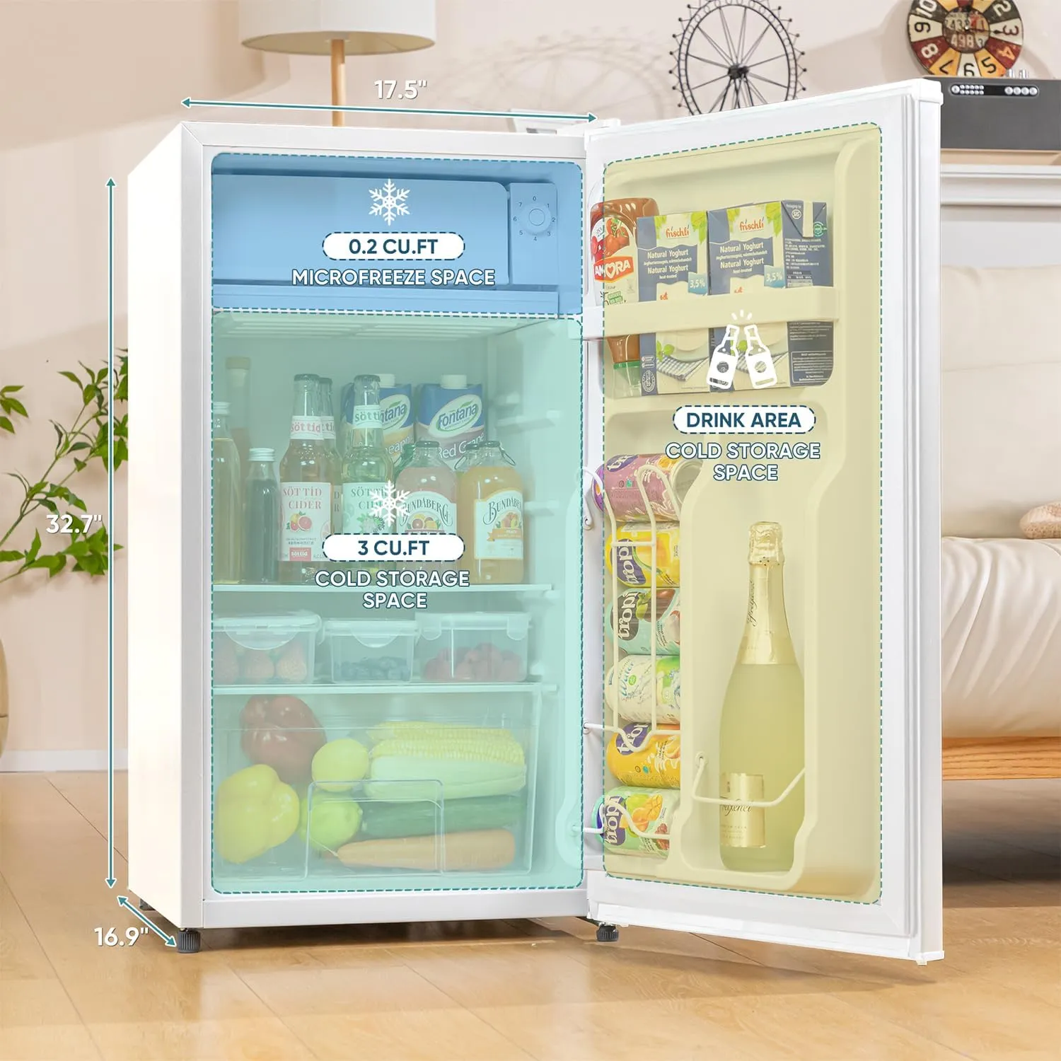 3.2 Cu.Ft Mini Fridge with Freezer, Single Door Mini Fridge, Adjustable Thermostat, Energy Saving Mini Refrigerator for Bedroom, Office, Dorm (White, 3.2 Cu.ft)