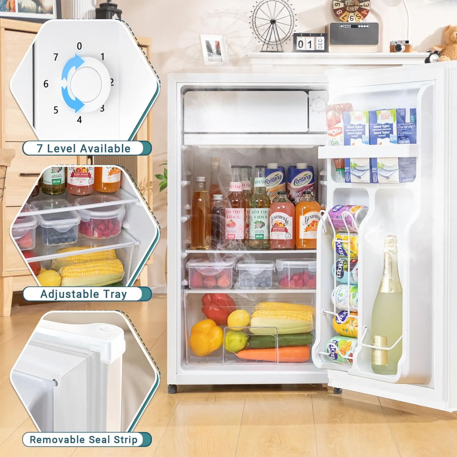 3.2 Cu.Ft Mini Fridge with Freezer, Single Door Mini Fridge, Adjustable Thermostat, Energy Saving Mini Refrigerator for Bedroom, Office, Dorm (White, 3.2 Cu.ft)