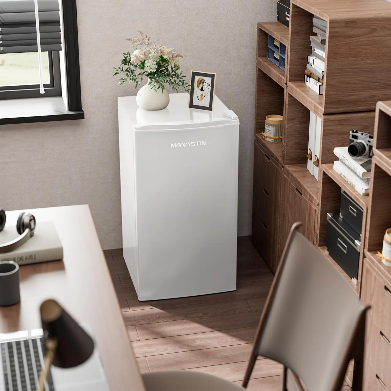 3.2 Cu.Ft Mini Fridge with Freezer, Single Door Mini Fridge, Adjustable Thermostat, Energy Saving Mini Refrigerator for Bedroom, Office, Dorm (White, 3.2 Cu.ft)