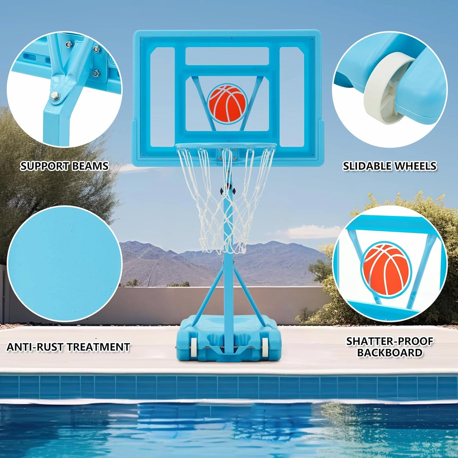 32“x23” Pool Basketball Hoop, 3.1FT-4.1FT Height Adjustable Poolside Basketball Hoop,Include Air Pump,Basketball, Made for Teens, Adults, Blue