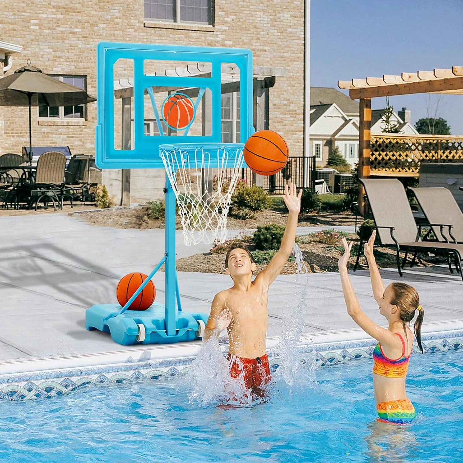 32“x23” Pool Basketball Hoop, 3.1FT-4.1FT Height Adjustable Poolside Basketball Hoop,Include Air Pump,Basketball, Made for Teens, Adults, Blue