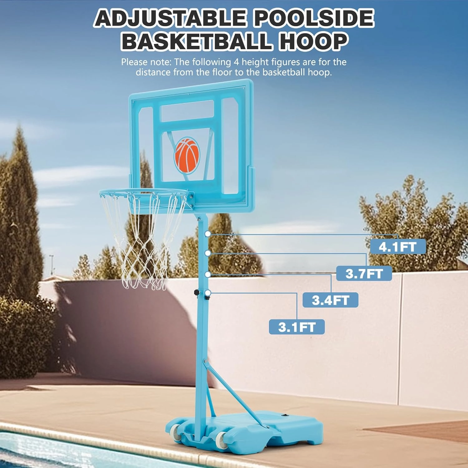 32“x23” Pool Basketball Hoop, 3.1FT-4.1FT Height Adjustable Poolside Basketball Hoop,Include Air Pump,Basketball, Made for Teens, Adults, Blue