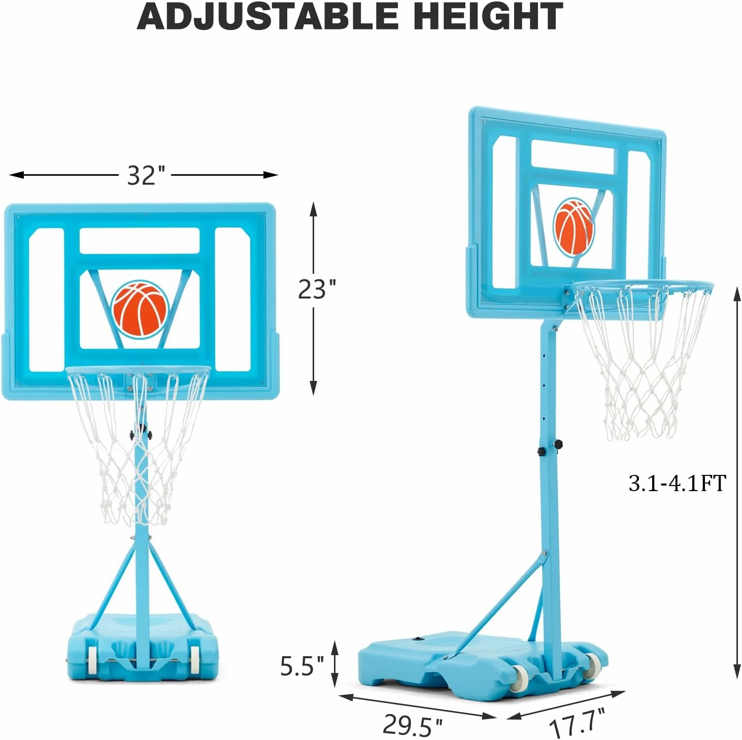 32“x23” Pool Basketball Hoop, 3.1FT-4.1FT Height Adjustable Poolside Basketball Hoop,Include Air Pump,Basketball, Made for Teens, Adults, Blue