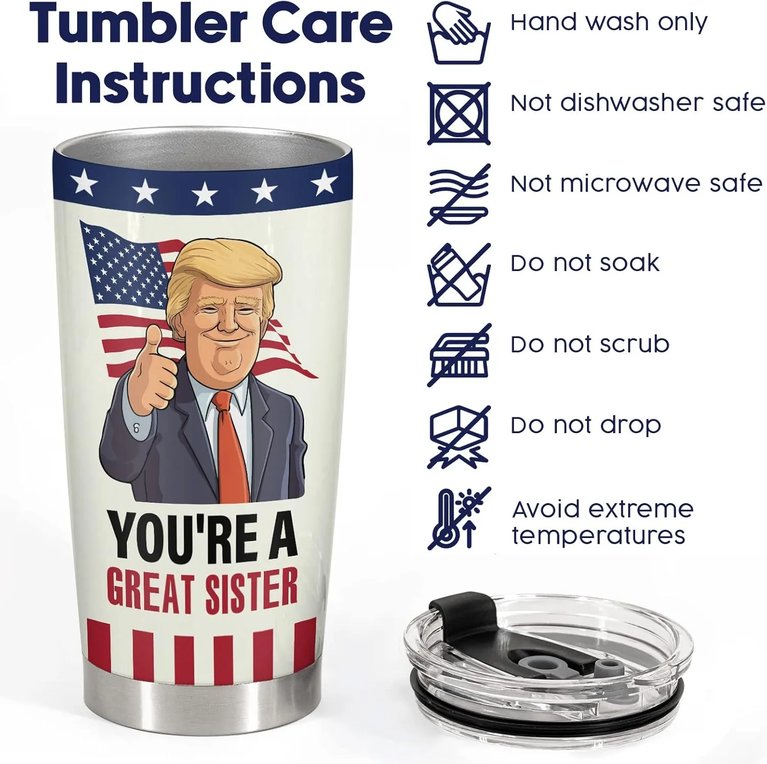 34HD Sister Tumbler - You’re a Great Sister Cup with Lid & Straw | Funny Political Quote | 20oz Stainless Steel Insulated Travel Mug Birthday, Christmas, USA Flag Design