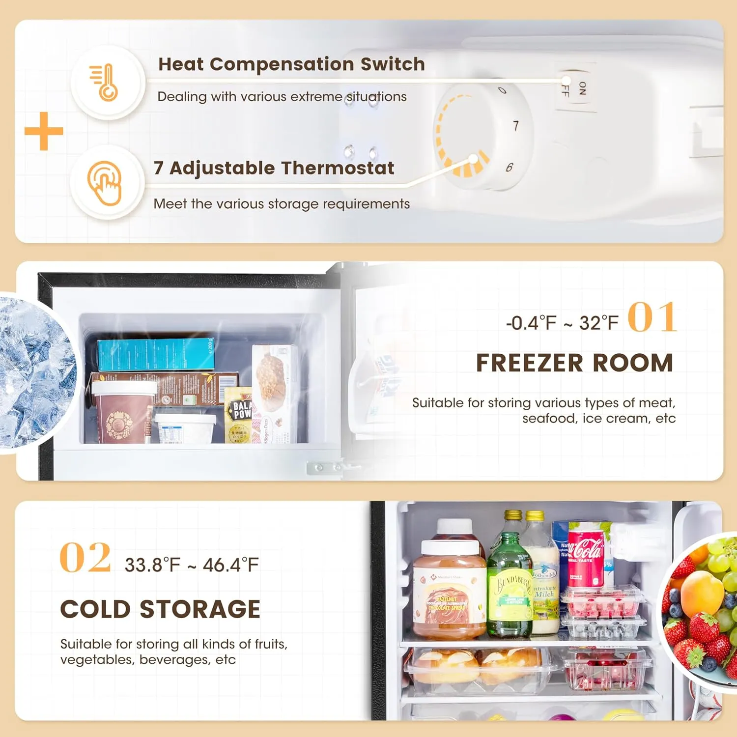 3.5 Cu.Ft 2 Door Mini Fridge with Freezer, Small Refrigerator, 7 Level Adjustable Thermostat, Compact Fridge for Living Room, Dorm, Office, Kitchen and Apartment (Silver)